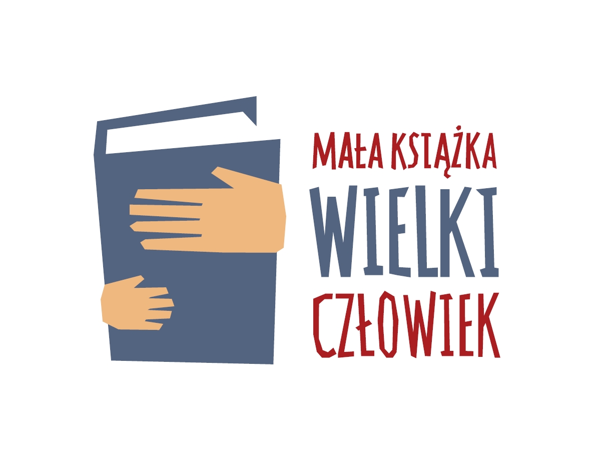 Logo programu "Mała ksiązka - Wielki człowiek". Przedstawia książkę trzymaną przez małą  i dużą dłoń