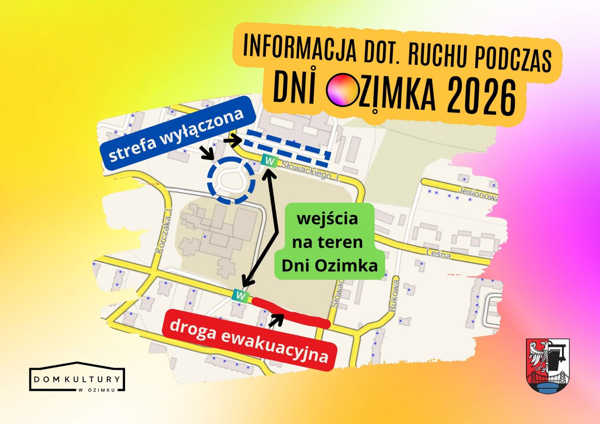 Mapa z oznaczonymi wejściami, strefą zamkniętą dla ruchu oraz drogą ewakuacyjną.